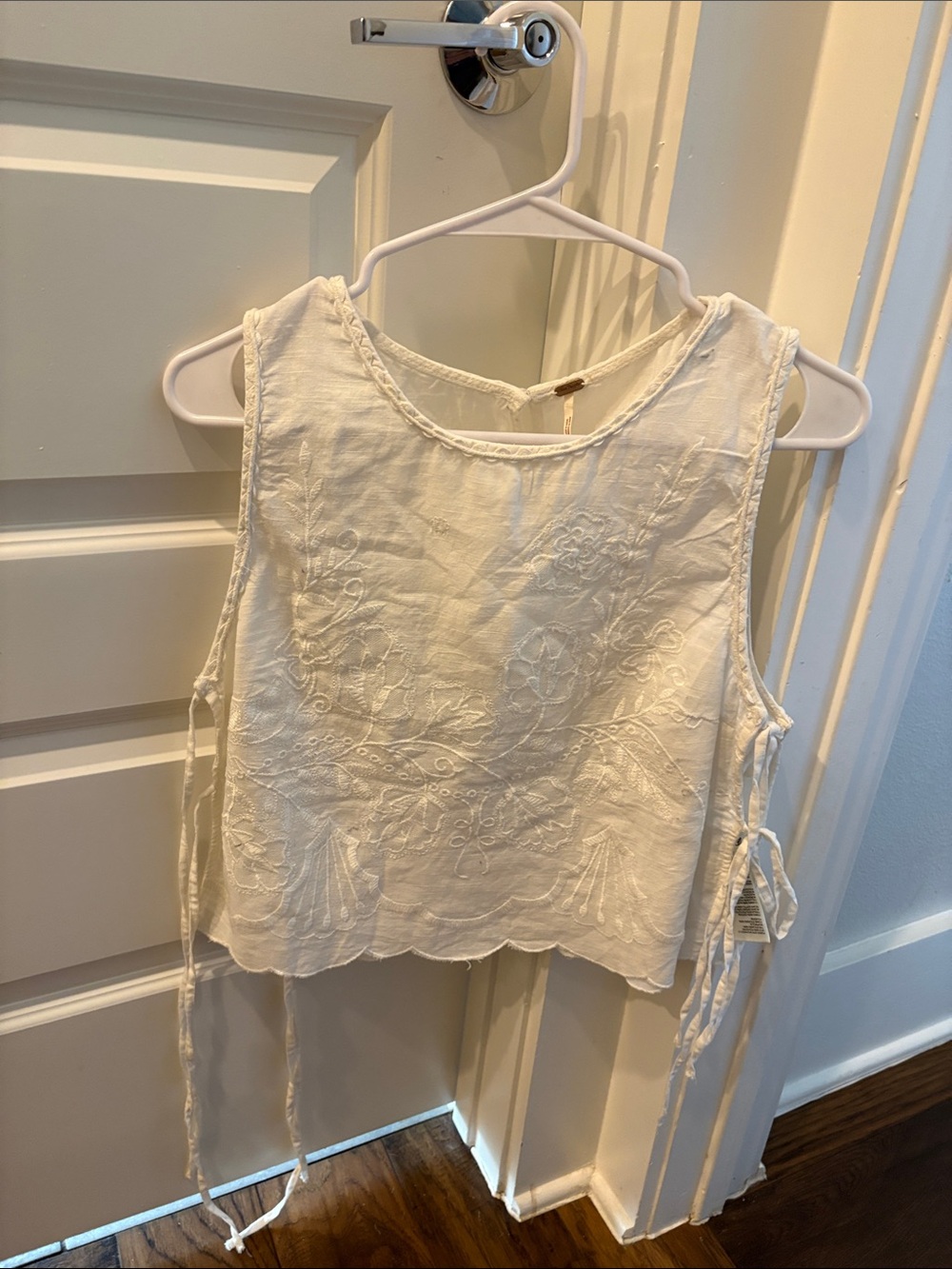 Anthropologie Cream Embroidered Tie-Side Crop Top